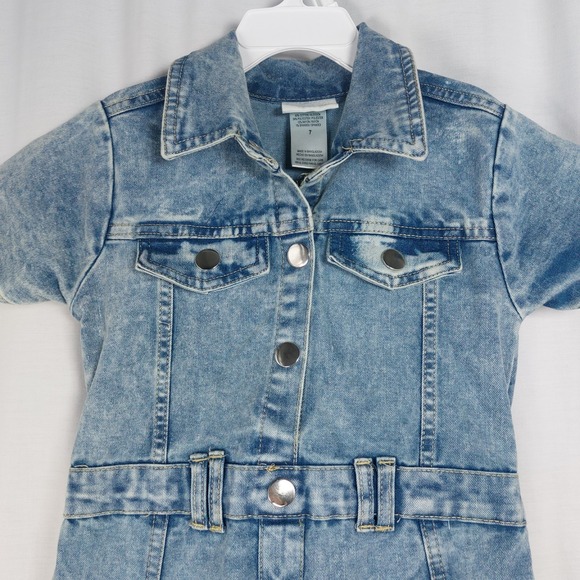 Rachel Zoe Girls Denim Dress Light Wash‎ Snap Front Short Sleeve Pockets Size 7 - Picture 2 of 5